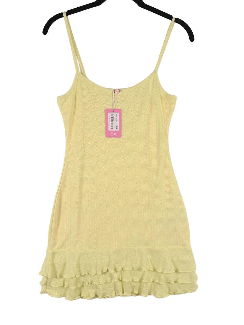 NEW Edikted Pointelle Ruffle Hem Minidress Yellow Rosette Accent Summer Boho XS